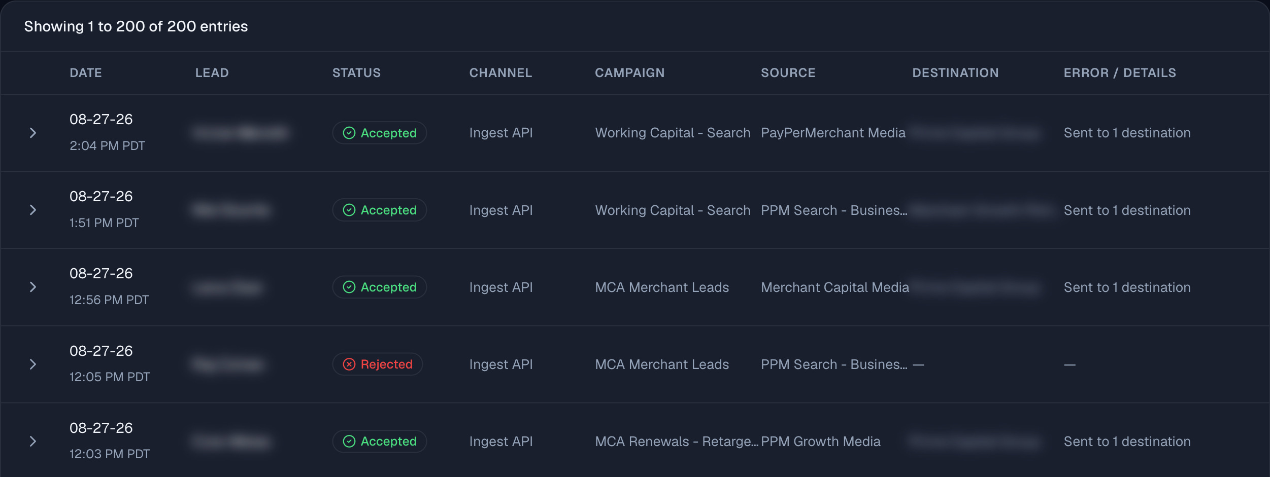 The delivery log: timestamped rows accepted through the Ingest API, each one sent to one destination.