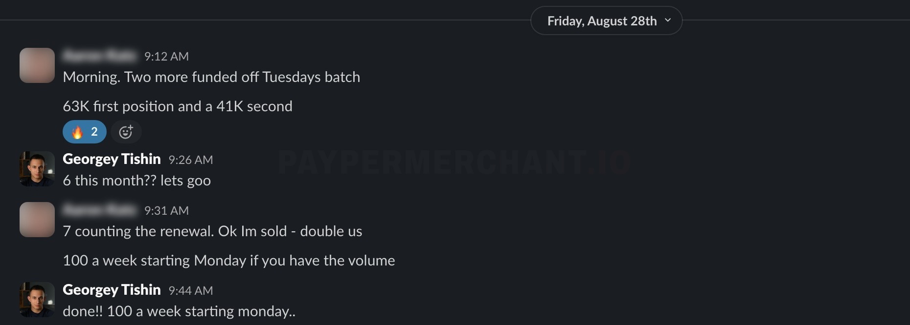 Slack messages from a lead buyer reporting two funded deals and doubling his weekly order.