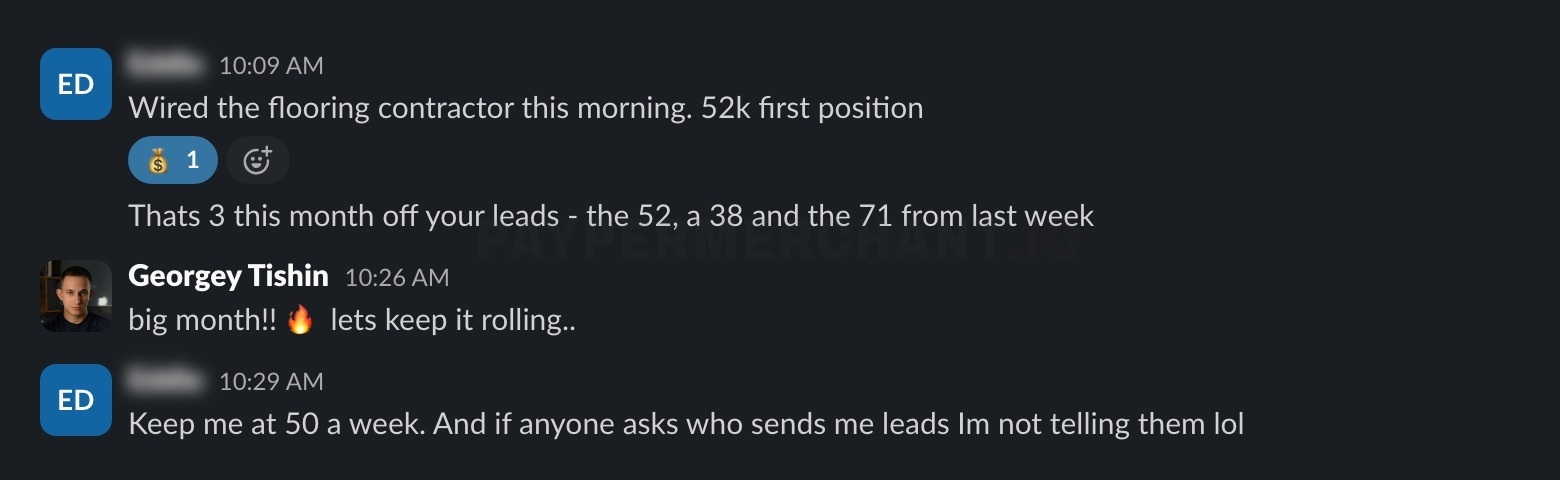 Slack messages from a buyer reporting three fundings in a month off the leads.