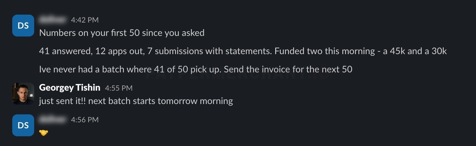 Slack messages from a buyer reporting batch numbers: 41 answered, 12 apps out, two funded.