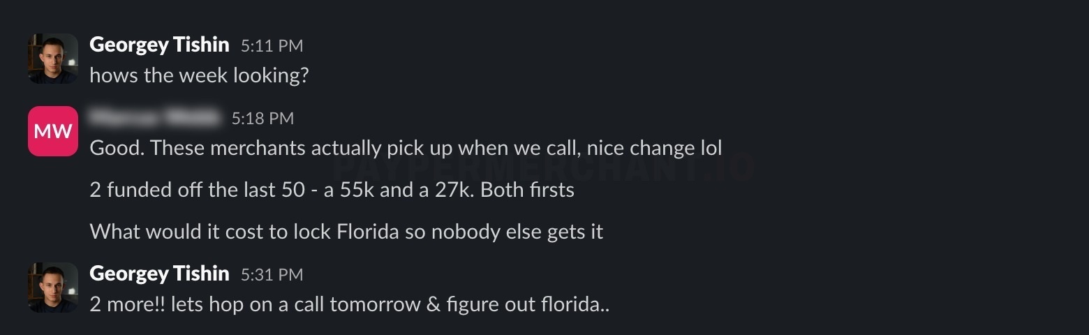 Slack messages from a buyer asking what it costs to lock Florida exclusively.