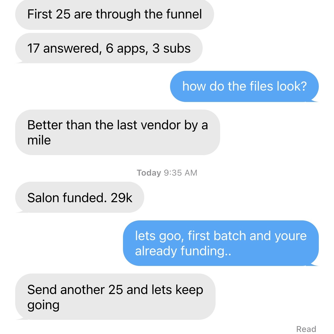 Client text: 17 of 25 answered, salon funded at 29K, send another 25.