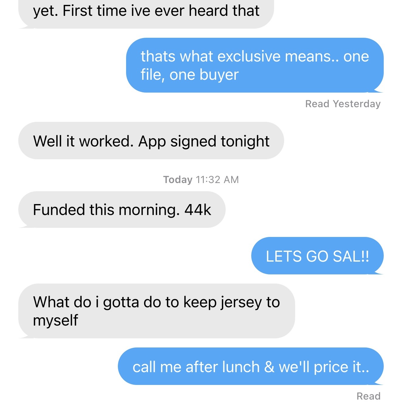 Client text: funded 44K, asking what it takes to keep New Jersey exclusive.